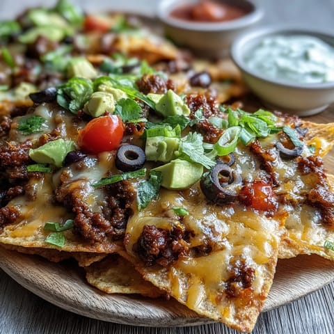 Hearty Tex-Mex nachos, freshly baked with seasoned beef, bubbling cheese, and vibrant toppings like black beans and avocado.