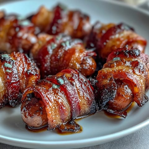 A close-up of Bacon-Wrapped Smokies on a serving platter, perfect party appetizers ready to eat.