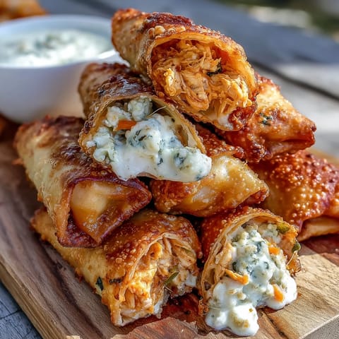 A hand dipping a crispy Buffalo Chicken Egg Roll into ranch dressing beside scattered celery sticks.