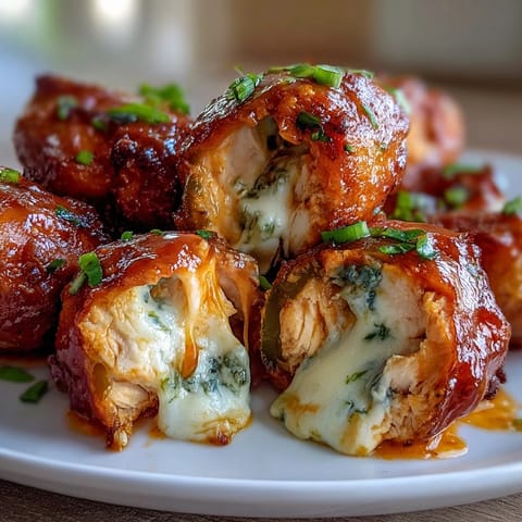 Freshly baked Buffalo Wing Poppers served hot on a tray, garnished with chives and extra blue cheese for game day.