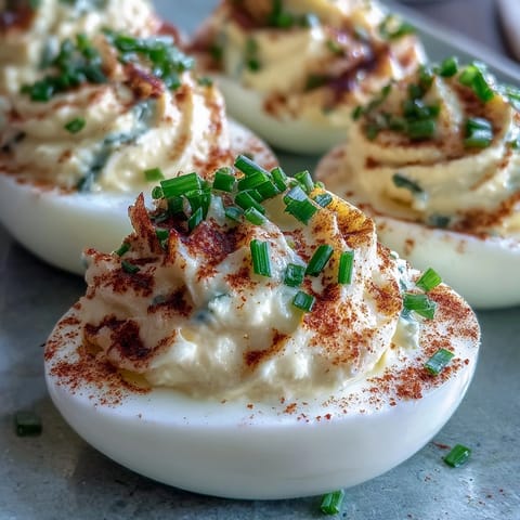 Perfectly halved egg whites cradle a rich, tangy yolk mixture topped with paprika and fresh chives. This classic American appetizer looks ready for a party spread.