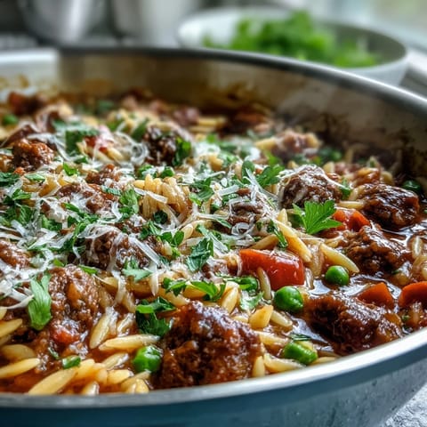 Colorful bowl of Comforting Ground Beef Orzo Dinner with bell peppers and fresh parsley garnish.