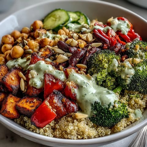 Close-up of a vibrant Meal Prep Week-Long Power Bowl, featuring fluffy quinoa topped with roasted sweet potatoes and broccoli, creamy chickpeas, and a drizzle of tahini dressing.