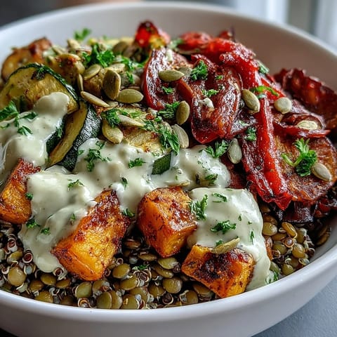 A vibrant Lentil Power Bowl with caramelized roasted vegetables and a creamy tahini drizzle over fluffy quinoa.