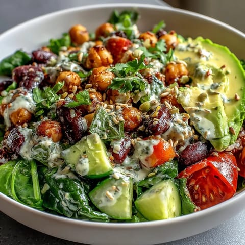 Spoon into this hearty Three-Bean Power Bowl brimming with crisp cucumber, cherry tomatoes, and a zesty lemon dressing.