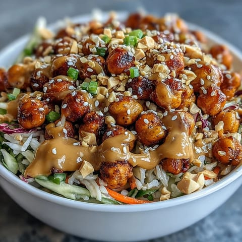 Savory roasted chickpeas and crisp veggies sit atop fluffy rice in a colorful Peanut Chickpea Protein Bowl.