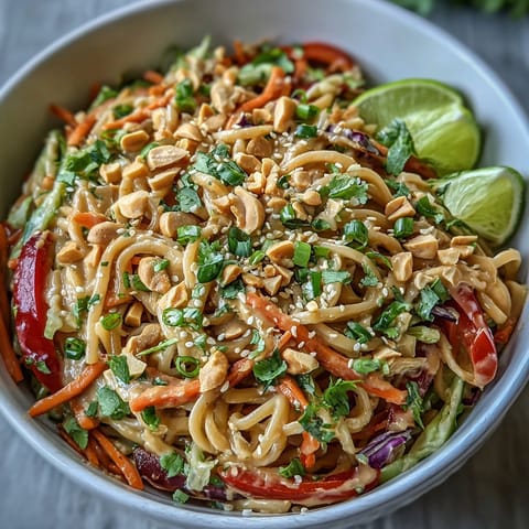 Freshly cooked rice noodles tossed with crisp julienned carrots, red cabbage, and bell peppers in a creamy peanut dressing.