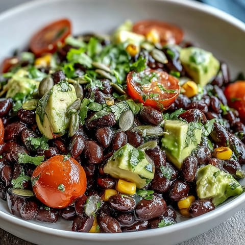 Freshly made Black Bean and Veggie Bowl with diced avocado, corn, and tomatoes tossed in a bright lime dressing.