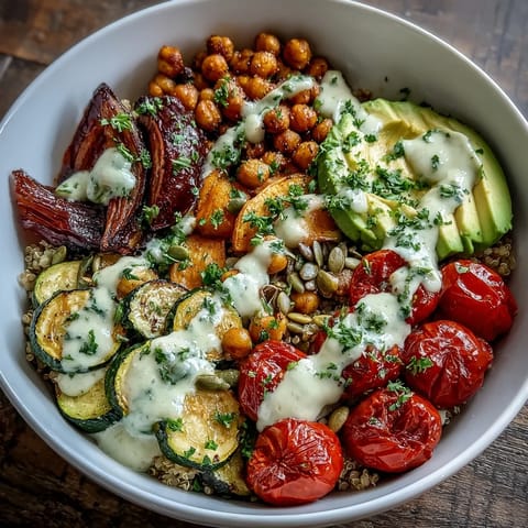Close-up of the finished Chickpea Power Bowl, highlighting spiced roasted chickpeas and vibrant veggies.