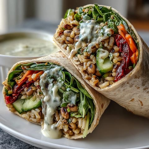 Freshly rolled Black-Eyed Pea Wraps with whole wheat tortillas, layered with spinach, carrots, and creamy tahini sauce.