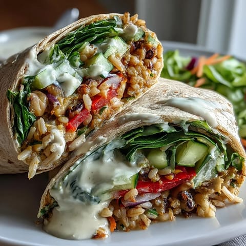 Two sliced Black-Eyed Pea Wraps plated with crisp veggies and quinoa, perfect for a wholesome vegetarian lunch.