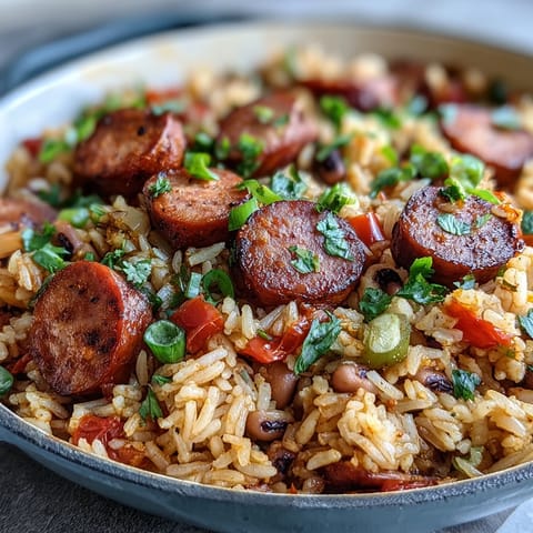 Freshly prepared Black-Eyed Pea Jambalaya steams in a Dutch oven, showcasing sausage, bell peppers, and fluffy rice for a hearty Southern dinner.