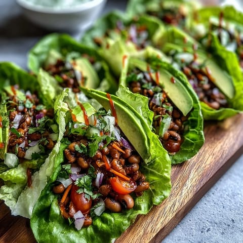 Crisp butter lettuce cups filled with smoky black-eyed pea lettuce wraps, topped with vibrant diced red bell peppers and fresh herbs.