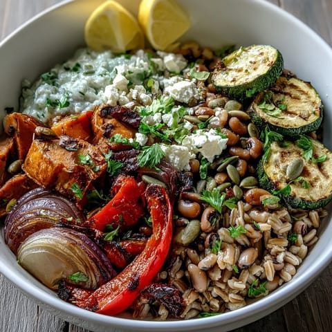 A close-up of a hearty Black-Eyed Pea Grain Bowl with roasted sweet potatoes, red bell peppers, and zucchini on a bed of wild rice.
