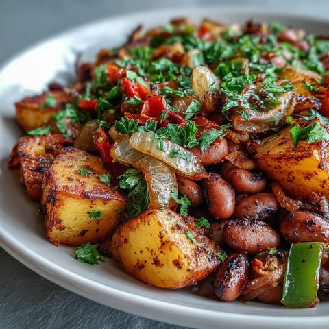 Golden roasted Black-Eyed Pea Hash with diced potatoes, bell peppers, and onions, served hot from the oven.