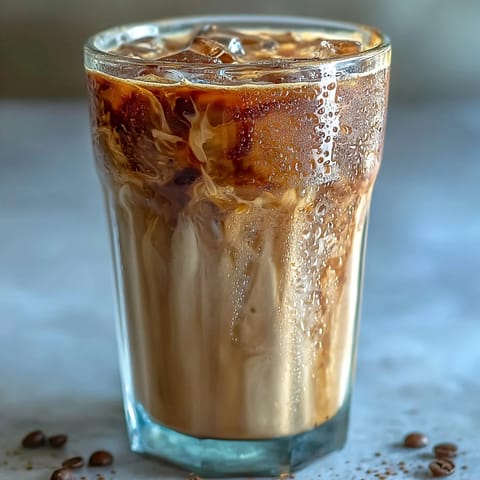 Iced Hojicha Latte served in a clear glass, layered with creamy milk over rich roasted green tea and plenty of ice.