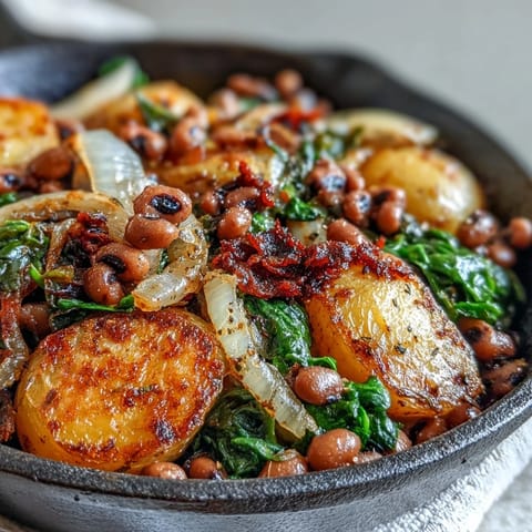 Golden Yukon potatoes and wilted spinach mingle with black-eyed peas in this hearty skillet dinner, garnished with fresh parsley and lemon wedges.