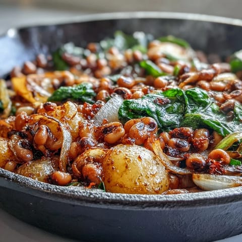 Steaming black-eyed pea skillet dinner features sautéed onions and tender potatoes, served hot from the cast iron pan for a rustic Southern-inspired meal.