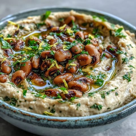 Rustic bowl of Smashed Black-Eyed Peas featuring garlic, lemon zest, and extra-virgin olive oil.