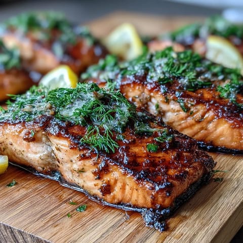 Cedar Plank Salmon with Lemon Dill: Grilled salmon fillet on a smoky cedar plank, infused with bright lemon and fresh dill, perfect for summer cookouts.