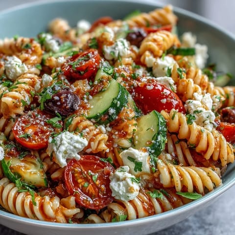 Colorful Easy Picnic Pasta Salad with Italian Dressing, featuring rotini, cherry tomatoes, and mozzarella pearls in a tangy homemade dressing.