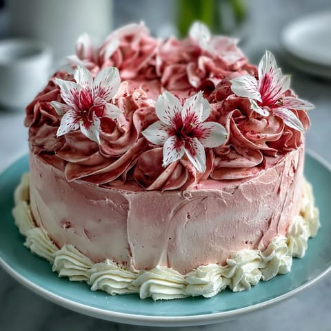 Showstopping Mothers Day cake with silky pink buttercream gradient and fresh floral decorations.