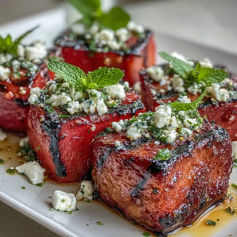 Grilled Watermelon Salad with Feta and Mint, featuring juicy caramelized watermelon, creamy feta, and fresh mint for a vibrant summer dish.