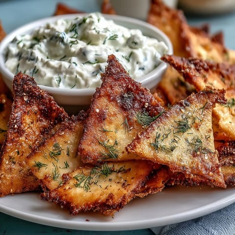 Golden-baked pita chips served alongside tangy tzatziki dip, perfect for parties or beach picnics.