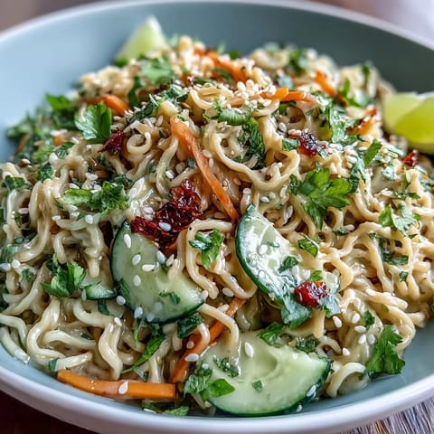 Chilled sesame noodles with crisp cucumber, vibrant carrots, and fresh herbs in a creamy sesame sauce.  