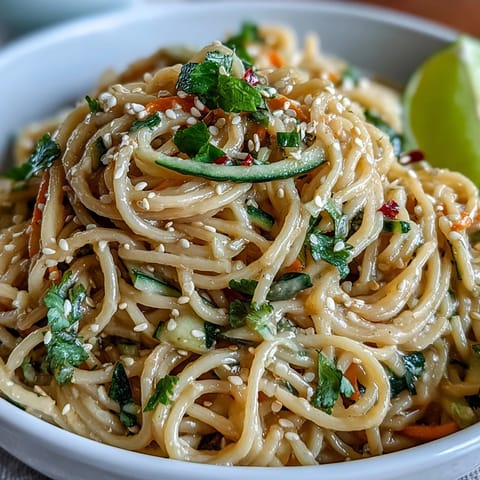 Cold sesame noodle bowl with julienned cucumber, carrots, and spring onions, topped with sesame seeds and cilantro.  