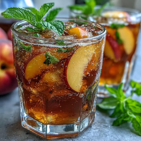 Mango Peach Sparkling Tea with fresh mint and sliced fruit, a vibrant and refreshing summer drink in chilled glasses.