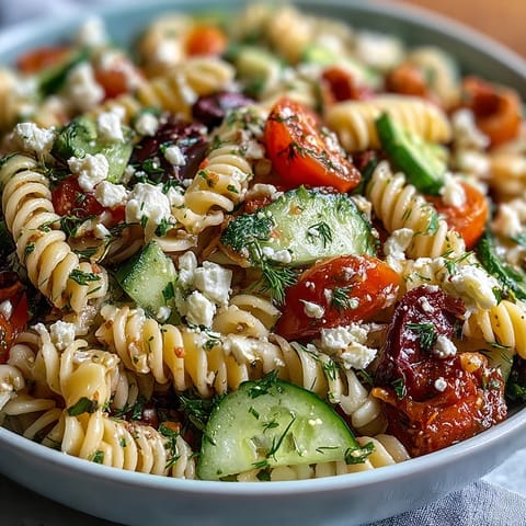Summer Pasta Salad Greek Style with Olives and Feta, a vibrant Mediterranean dish with juicy tomatoes, crisp cucumbers, and creamy feta cheese.