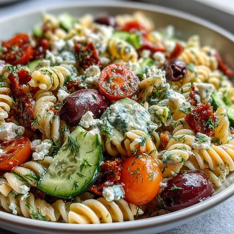 Colorful Greek-inspired pasta salad featuring Kalamata olives, red onion, and feta, tossed in a tangy oregano and red wine vinegar dressing.