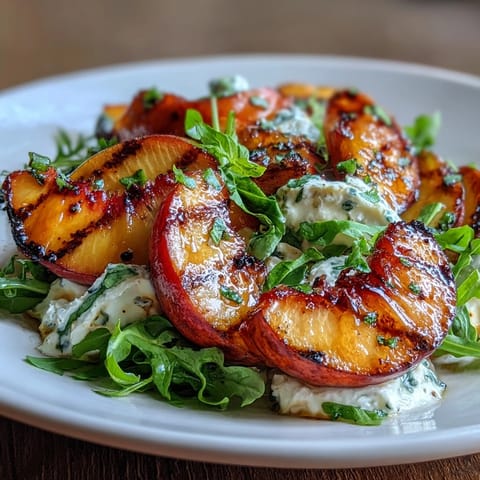 Grilled peach and burrata salad with honey: sweet, smoky peaches paired with creamy cheese and fresh greens.