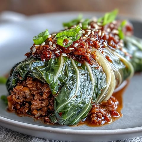 Gently steamed Korean Cabbage Rolls bursting with savory spiced beef, perfect as a light entree.