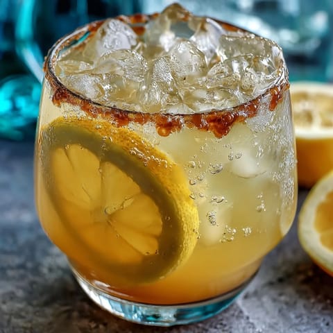 Golden sparkling fermented lemonade served with ice, perfect for a hot summer day.