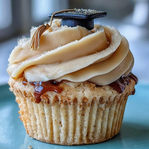 Festive vanilla Graduation Cupcakes crowned with sweet buttercream and black and gold caps.