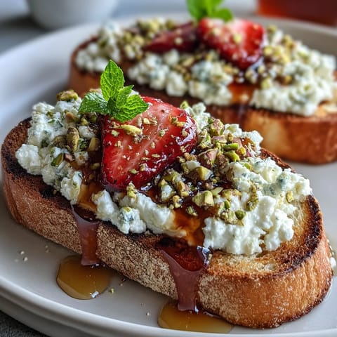 Strawberry Honey Ricotta Toast with Pistachios: vibrant, creamy ricotta, juicy strawberries, sweet honey.