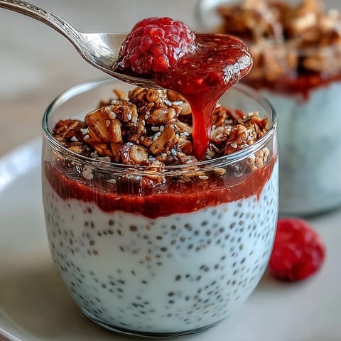 A bright Lemon Chia Parfait with crunchy granola and zesty lemon pudding.