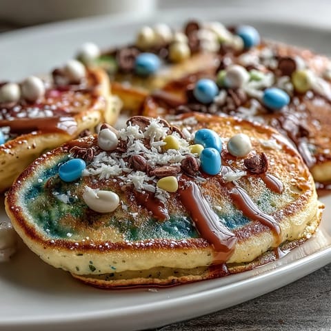 Vibrant Easter Egg Pancakes stacked high, boasting playful colors and sweet, delicious decorations.