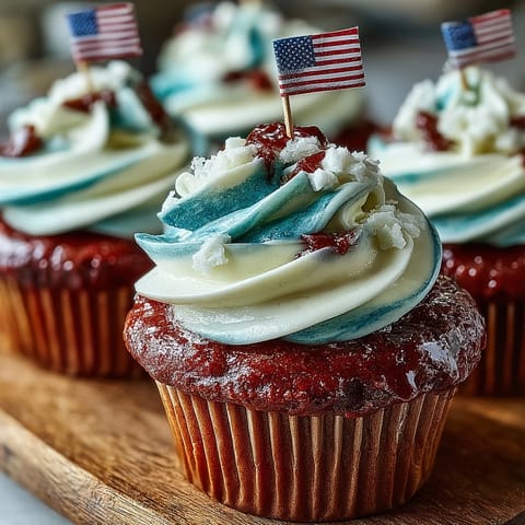 Festive Star-Spangled Banner Cupcakes topped with tiny American flags, perfect for parties.