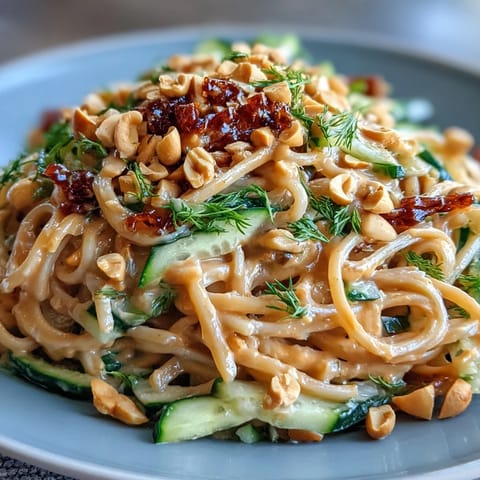 A refreshing serving of cold peanut sesame noodles, topped with crunchy peanuts, scallions, and cucumber.