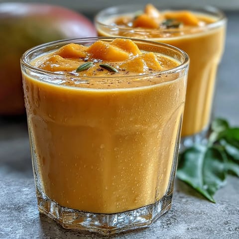 Creamy Mango Lassi Smoothie with fragrant cardamom, ready to enjoy.