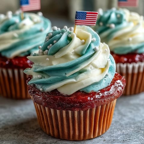 Star-Spangled Banner Cupcakes with a patriotic red, white, and blue swirled frosting.