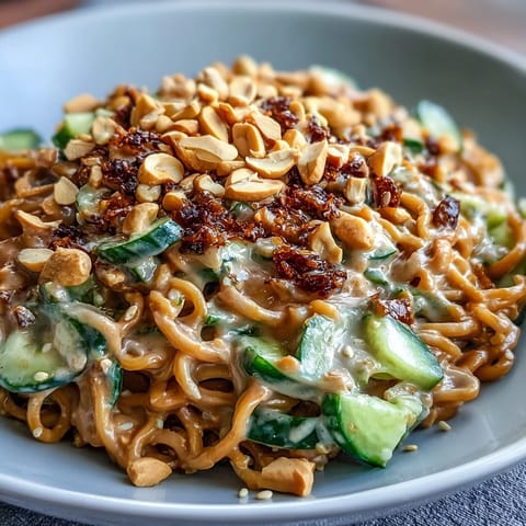 Cold peanut sesame noodles with crisp cucumber and a creamy, savory sauce.