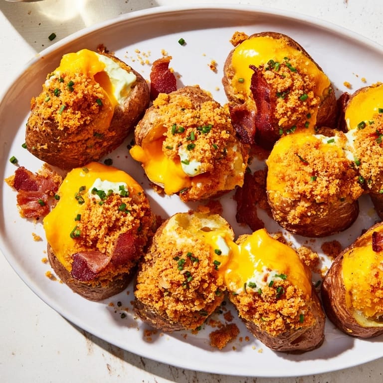 Delicious, cheesy Air-Fryer Potato Skins, a savory appetizer with bacon, fresh chives, and a dollop of sour cream.