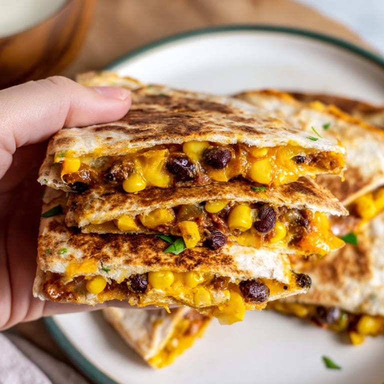 A close-up shot of pan-fried Quick Black Bean and Corn Quesadillas with bubbling cheese and corn.