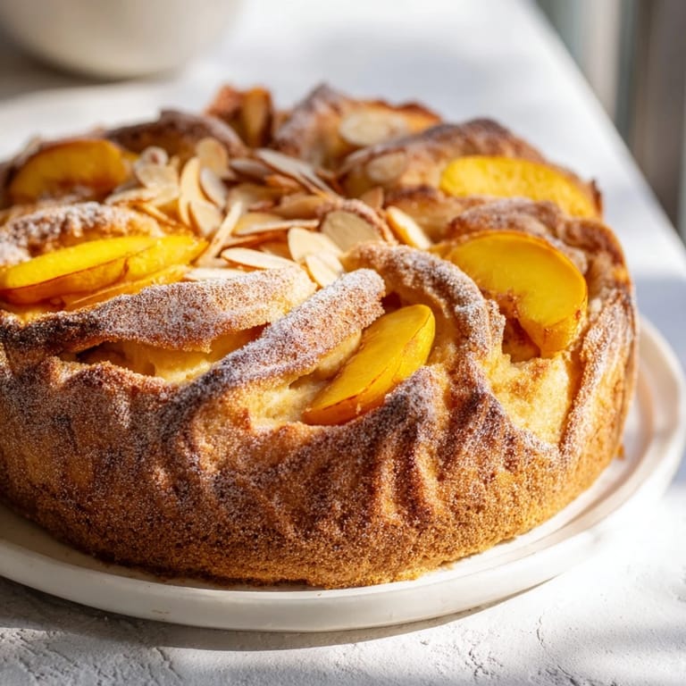This Rustic Peach and Almond Tart has juicy peaches nestled in a delicious almond filling, ready to serve.
