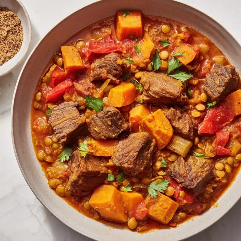 Close-up of a bubbling pot of One-Pot Spicy Beef and Lentil Soup, with tender beef and lentils.