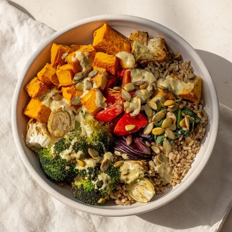 Enjoy this hearty and healthy Hearty Roasted Vegetable and Farro Grain Bowl, perfect for a filling vegetarian meal.